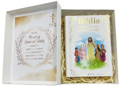 Biblia na Komunię w Ozdobnym Pudełku z Grawerem - Prezent na Komunię Pamiątka Pierwszej Komunii Świętej
