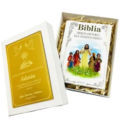 Biblia na Komunię w Ozdobnym Pudełku z Grawerem - Prezent na Komunię Pamiątka Pierwszej Komunii Świętej