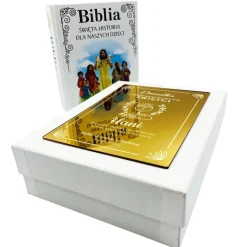 Biblia na Komunię w Ozdobnym Pudełku z Grawerem - Prezent na Komunię Pamiątka Pierwszej Komunii Świętej