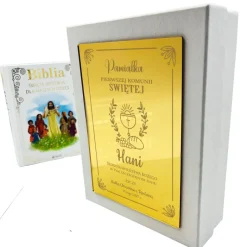 Biblia na Komunię w Ozdobnym Pudełku z Grawerem - Prezent na Komunię Pamiątka Pierwszej Komunii Świętej