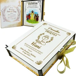 Biblia na Komunię w Pudełku z Grawerem - Pamiątka Pierwszej Komunii Świętej dla Chłopca Dziewczynki Prezent na Komunię