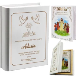 Biblia w drewnianym pudełku Prezent na Komunię - Pamiątka Pierwszej Komunii Świętej