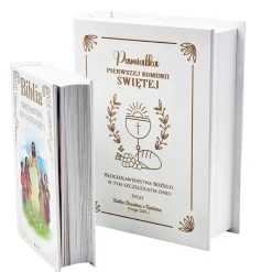 Biblia w drewnianym pudełku Prezent na Komunię - Pamiątka Pierwszej Komunii Świętej