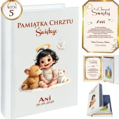 Biblia w Drewnianym Pudełku z Życzeniami Prezent na Chrzest - Pamiątka Chrztu Świętego