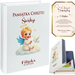 Biblia w Drewnianym Pudełku z Życzeniami Prezent na Chrzest - Pamiątka Chrztu Świętego