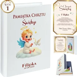 Biblia w Drewnianym Pudełku z Życzeniami Prezent na Chrzest - Pamiątka Chrztu Świętego