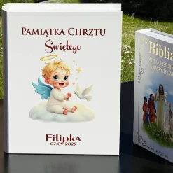 Biblia w Drewnianym Pudełku z Życzeniami Prezent na Chrzest - Pamiątka Chrztu Świętego