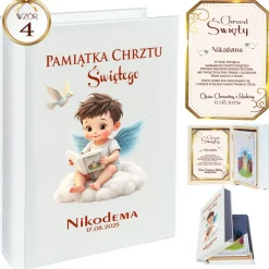 Biblia w Drewnianym Pudełku z Życzeniami Prezent na Chrzest - Pamiątka Chrztu Świętego
