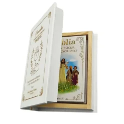 Biblia w drewnianym pudełku z życzeniami Prezent na Komunię - Pamiątka Pierwszej Komunii Świętej