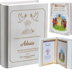 Biblia w drewnianym pudełku z życzeniami Prezent na Komunię - Pamiątka Pierwszej Komunii Świętej