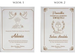 Biblia w drewnianym pudełku z życzeniami Prezent na Komunię - Pamiątka Pierwszej Komunii Świętej