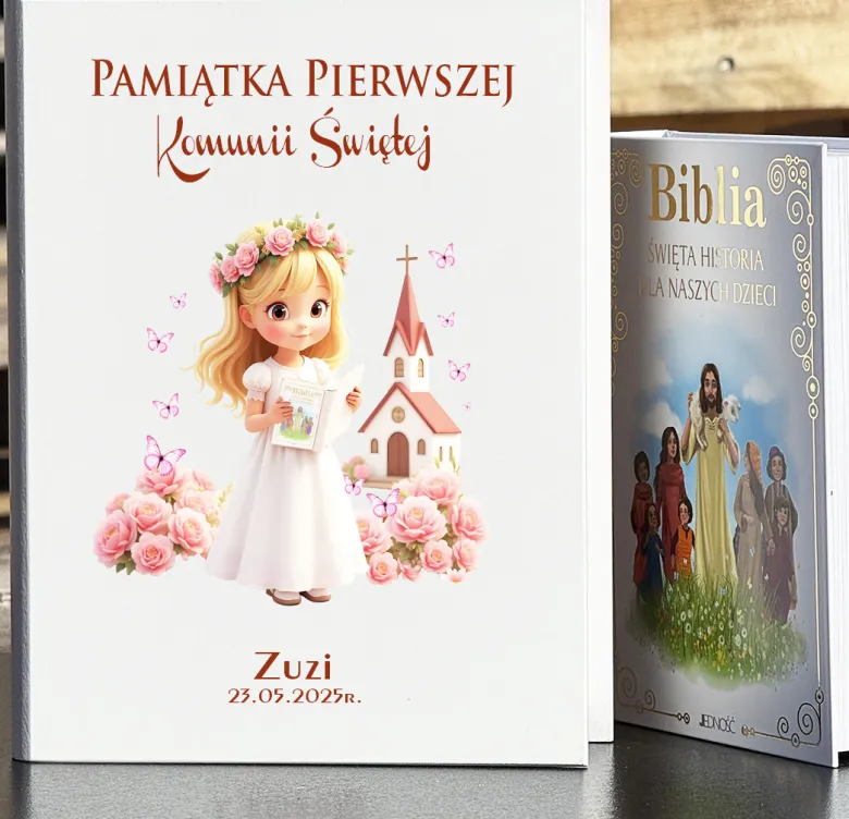 Biblia w Drewnianym Pudełku z Życzeniami - Prezent na Komunię Świętą Pamiątka Pierwszej Komunii Świętej