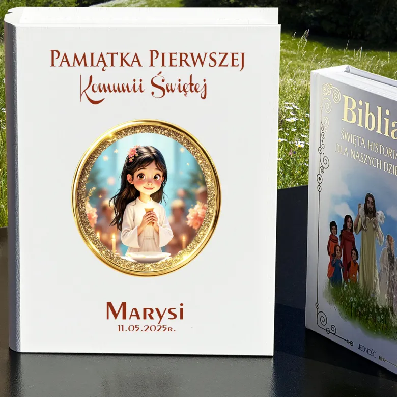 Biblia w Drewnianym Pudełku z Życzeniami - Prezent na Komunię Świętą Pamiątka Pierwszej Komunii Świętej