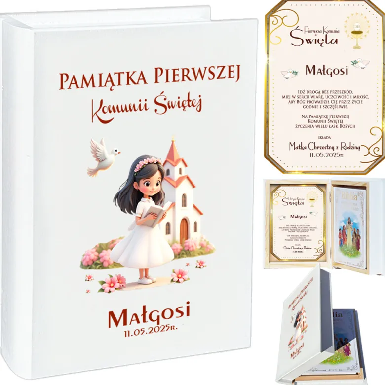 Biblia w Drewnianym Pudełku z Życzeniami - Prezent na Komunię Świętą Pamiątka Pierwszej Komunii Świętej
