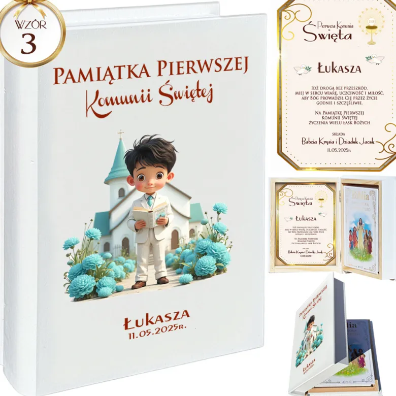 Biblia w Drewnianym Pudełku z Życzeniami - Prezent na Komunię Świętą Pamiątka Pierwszej Komunii Świętej