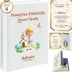 Biblia w Drewnianym Pudełku z Życzeniami - Prezent na Komunię Świętą Pamiątka Pierwszej Komunii Świętej