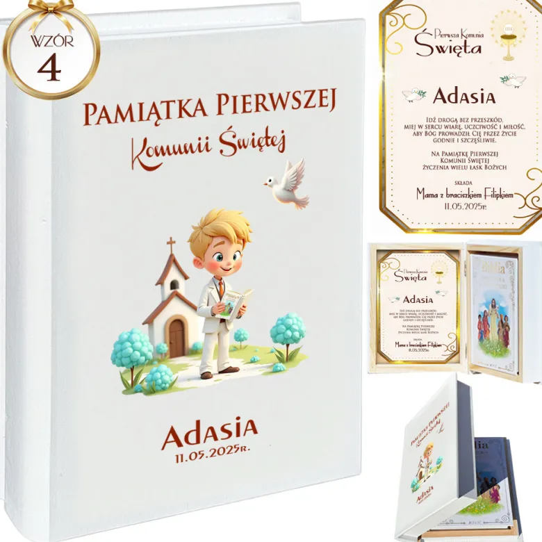 Biblia w Drewnianym Pudełku z Życzeniami - Prezent na Komunię Świętą Pamiątka Pierwszej Komunii Świętej