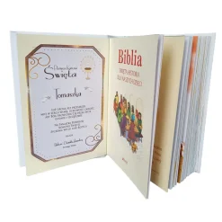 Biblia z Życzeniami w Ozdobnym Kartoniku Prezent na Komunię - Pamiątka Pierwszej Komunii Świętej