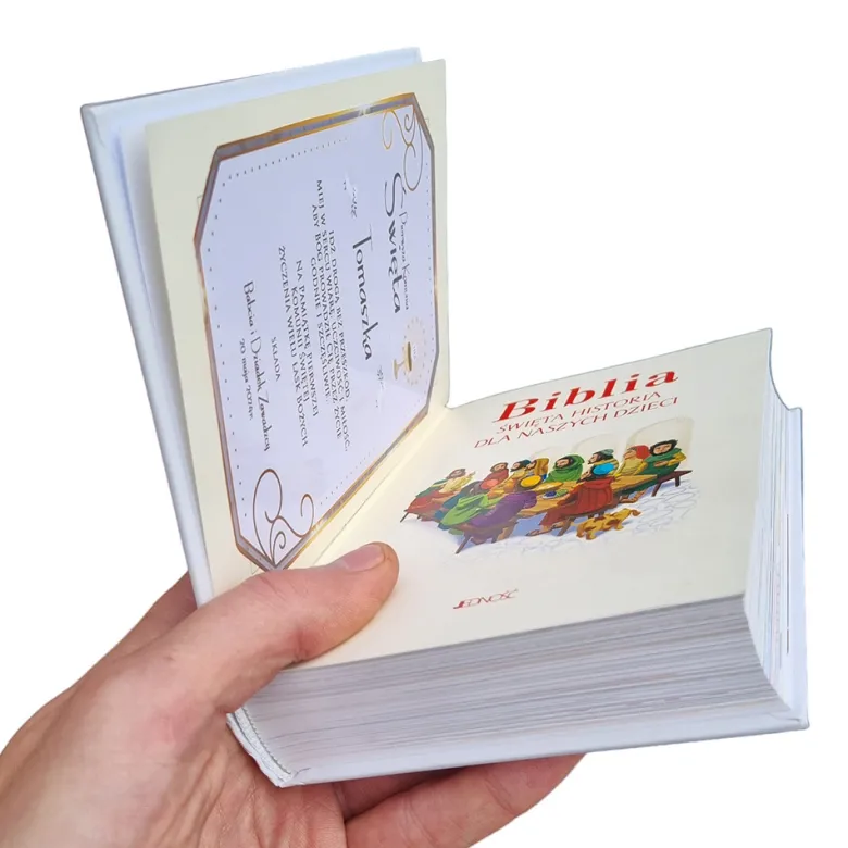 Biblia z Życzeniami w Ozdobnym Kartoniku Prezent na Komunię - Pamiątka Pierwszej Komunii Świętej