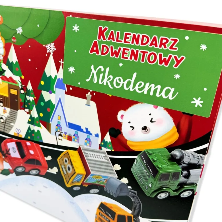 Kalendarz Adwentowy Samochodziki z Imieniem Dziecka dla Chłopca 4 5 6 7 8 9 10 lat Dzieci
