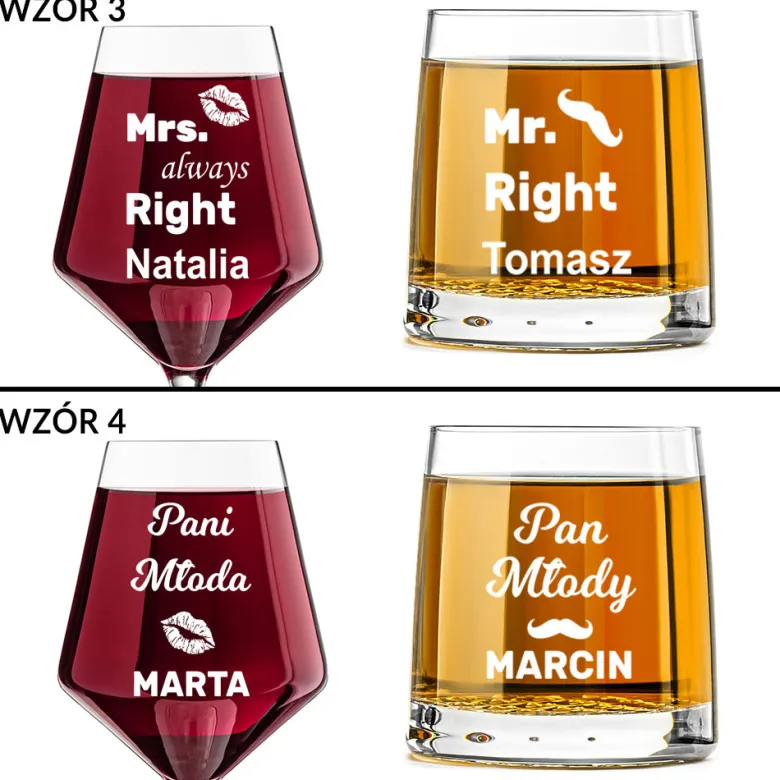 Kieliszek + szklanka z grawerem - Prezent na Ślub dla Pary Młodej
