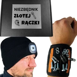 Niezbędnik Złotej Rączki Świecąca Czapka + Opaska Magnetyczna - Prezent dla Taty Dziadka Męża Mężczyzny Chłopaka na Święta