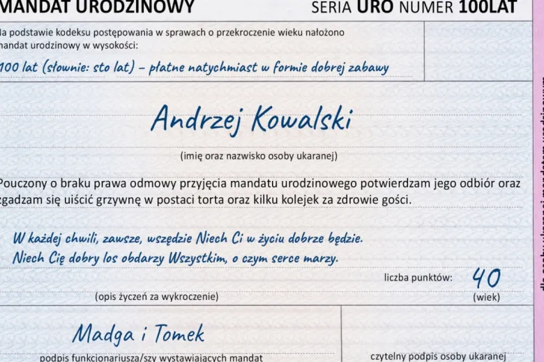 Personalizowana Kartka Urodzinowa Mandat - Prezent na 18 40 50 60 Urodziny dla Faceta Mężczyzny Chłopaka Taty