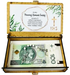 Różaniec Komunijny + Pudełko na Pieniądze z Grawerem - Pamiątka Pierwszej Komunii Świętej Prezent na Komunię