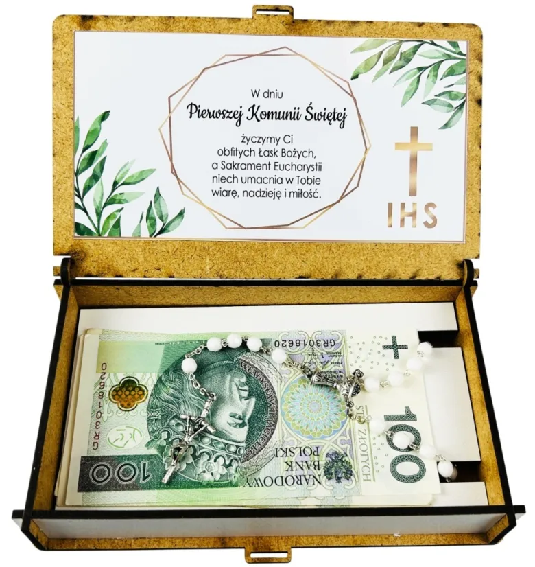 Różaniec Komunijny + Pudełko na Pieniądze z Grawerem - Pamiątka Pierwszej Komunii Świętej Prezent na Komunię