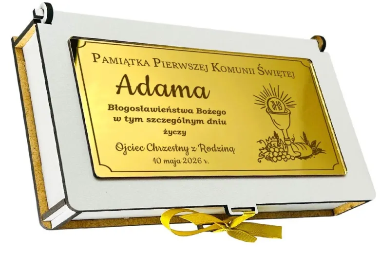 Różaniec Komunijny + Pudełko na Pieniądze z Grawerem - Pamiątka Pierwszej Komunii Świętej Prezent na Komunię
