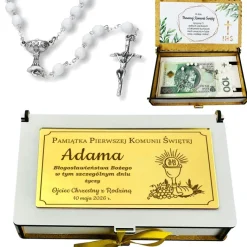 Różaniec Komunijny + Pudełko na Pieniądze z Grawerem - Pamiątka Pierwszej Komunii Świętej Prezent na Komunię