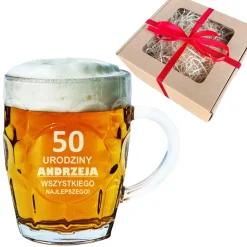 Szklany kufel do piwa z grawerem w ozdobnym kartoniku - prezent na 18 30 40 50 60 urodziny dla faceta mężczyzny
