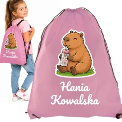 Worek Plecak Kapibara z Bidonem z Imieniem dla Dziewczynki do Przedszkola Szkoły na Buty W-F
