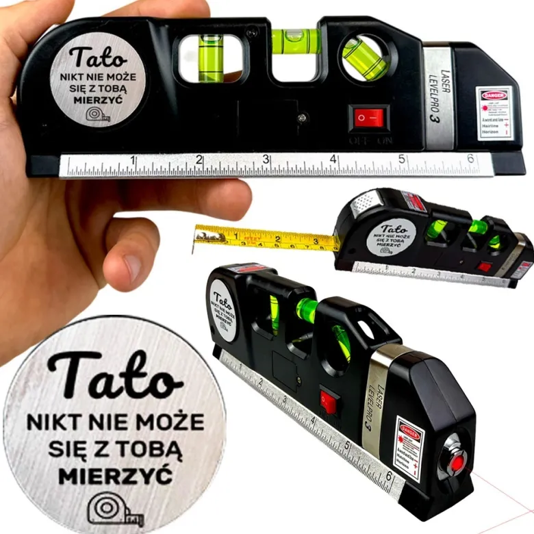 Zestaw dla Taty Poziomica Laserowa z Miarką + Latarka Czołówka - Prezent dla Taty na Dzień Ojca Święta Urodziny