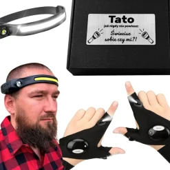 Zestaw dla Taty Świecące Rękawiczki + Latarka Czołówka - Prezent dla Taty na Dzień Ojca Święta Urodziny