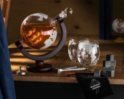 Zestaw do whisky GLOBUS: karafka, 2 szklanki i kamienne kostki - prezent na 40 50 60 70 urodziny dla faceta taty męża mężczyzny