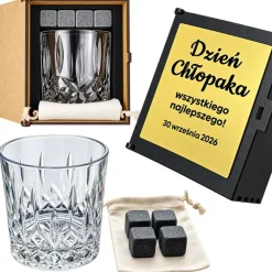Zestaw do Whisky z Grawerem Szklanka + Kamienie - prezent na Dzień Chłopaka Szkoła Praca