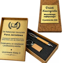 Zestaw Długopis i Brelok Drewniany w Pudełku z Grawerem - Prezent na Dzień Nauczyciela dla Wychowawcy Nauczyciela