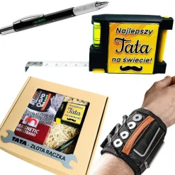 Zestaw Prezent dla Taty na Dzień Ojca Urodziny - opaska magnetyczna, miarka z poziomicą oraz długopis majsterkowicza