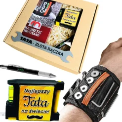 Zestaw Prezent dla Taty na Dzień Ojca Urodziny - opaska magnetyczna, miarka z poziomicą oraz długopis majsterkowicza